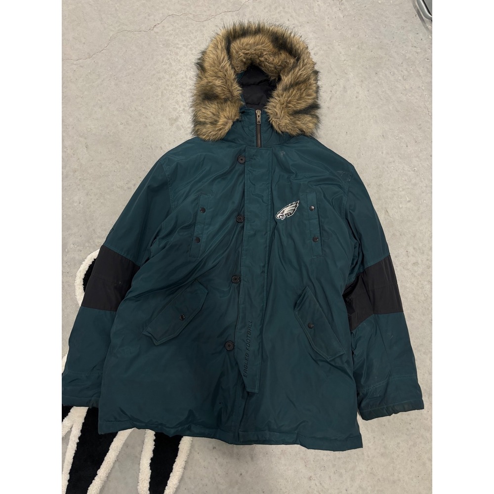 Vintage Reebok Philadelphia Eagles NFL On Field Down Parka Jacket Green Faux Fur